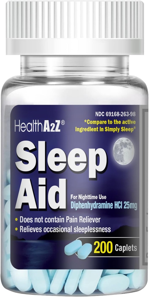 HealthA2Zスリープエイド200カプレット | ジフェンヒアラミンHCl 25mg | 定期的な強度睡眠薬 | 安全・非習慣形成