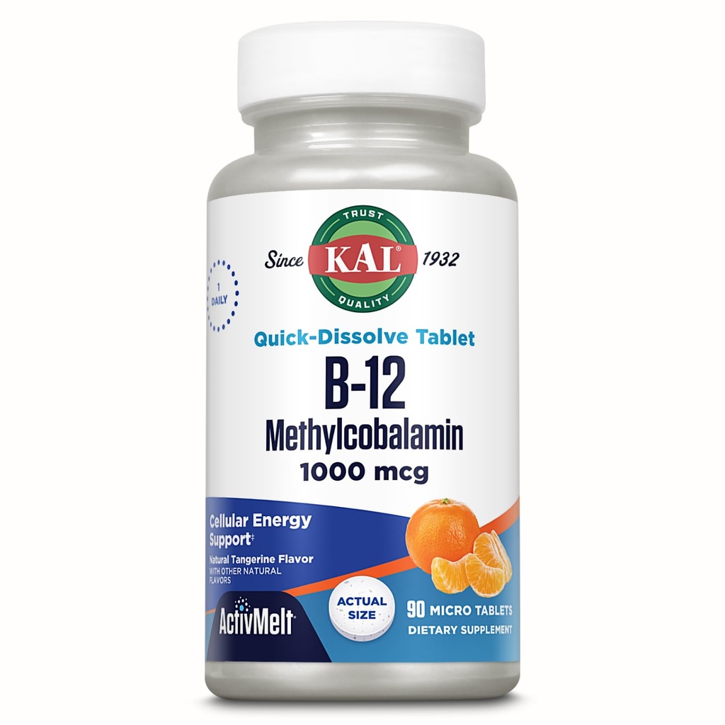 KALのビタミンB12のMethylcobalamin 1000mcg、健康なエネルギー、Metabolism、Nerve及び赤い血球サポート、*速い分解のActivMelt、最適吸収、自然なタンジェリンの味、90のサービング、90のマイクロ タブ