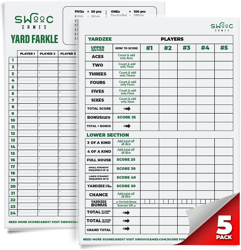 SWOOC Games® - 5つの大きなプレミアムラミネートヤードジー&ファークルスコアカード(11.5in x 8in)とルール - 大規模な再利用可能なドライ消去パッド ジャイアント屋外ダイス