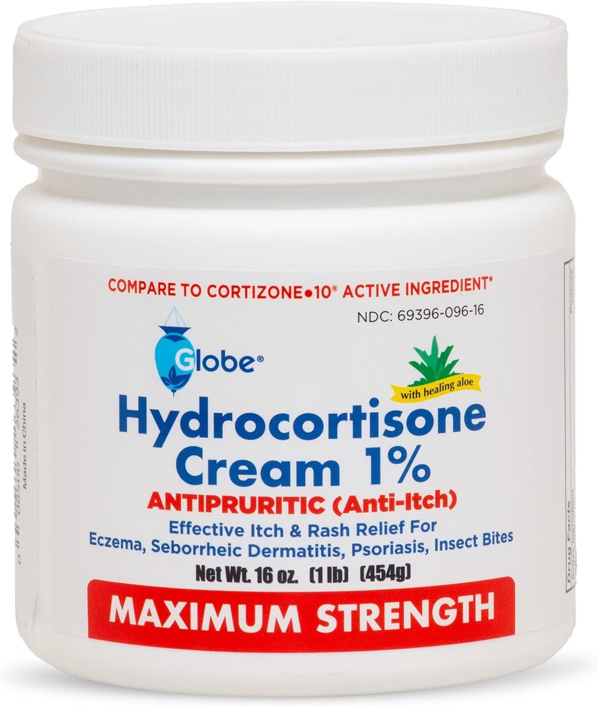 Globe Hydrocortisoneの最高の強さのクリーム1%のw/Aloeの16のoz、赤み、膨張、かゆみ、Rashのバグ/Mosquitoの咬傷、Eczema、痔及び多く、16のozの瓶
