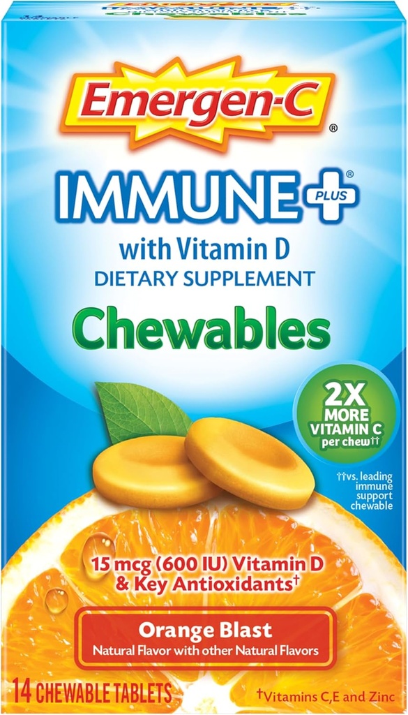 Emergen-C Immune + Chewables 1000mgビタミンC錠、ビタミンD、免疫力のための免疫サポート栄養補助食品、オレンジブラスト風味 - 14カウント