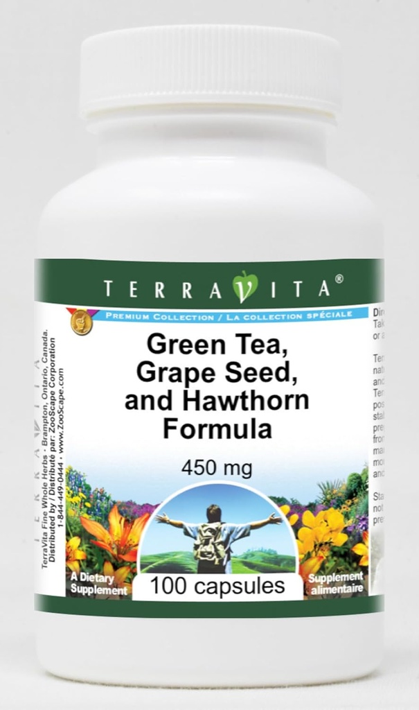 高圧サポート - 緑茶、ブドウ種子とハウソーン - 450 mg (100カプセル、亜鉛:517080) - 3パック