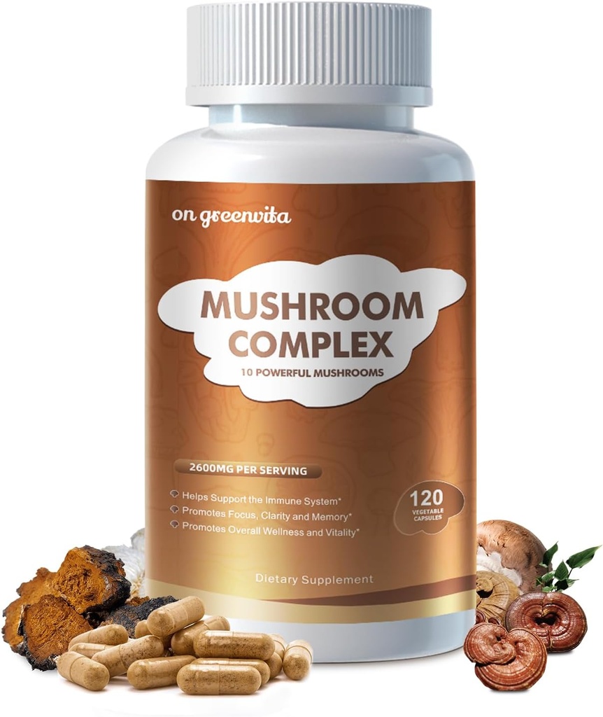 きのこの複雑な補足2600mg、120のカプセル - 10のきのこのブレンド- Reishi、ライオンのマネ、コルディプス、チャガ、トルコの尾、舞茸、椎茸、オイスターの向知性コンプレックス-脳、エネルギー、焦点の丸薬