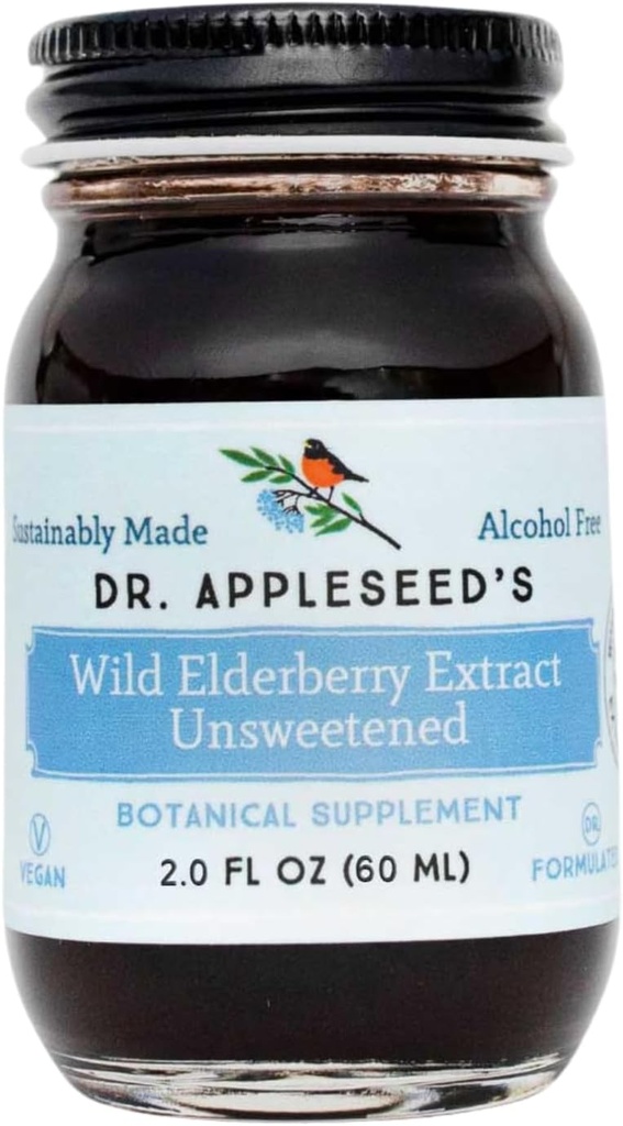 Dr. Appleseed's Wild Elderberry Extract Unsweetened Max Strength 720mg Kids + Adults Daily Immune Supplement Doctor- Formulated Science-Backed Pure Vegan 25 Day Supply – 2 Fl Oz