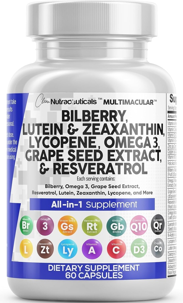 Bilberry LuteinとZeaxanthinのきれいなNutraの目のビタミンはLycopene 40mg Resveratrolのブドウの種目のためのアスタキサンチンを補います - 目の心配の健康サポート目のビタミンおよびミネラル補足
