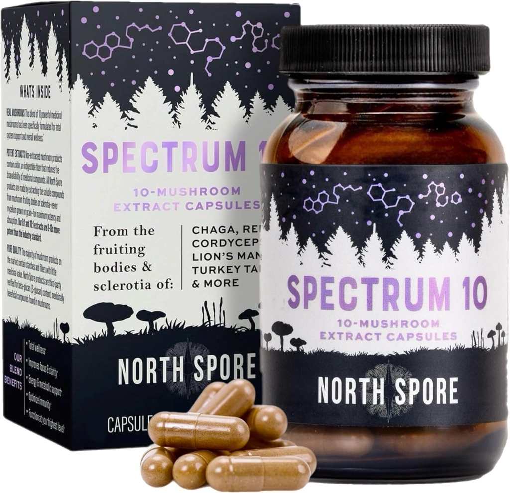 North Spore Organic 'Spectrum 10' Mushroom Extract Capsules | Cognitive Supplement | Lion's Mane, Chaga, Cordyceps, Reishi, Turkey Tail | 10 Medicinal Mushrooms | Energy, Focus, Clarity - 120 ct