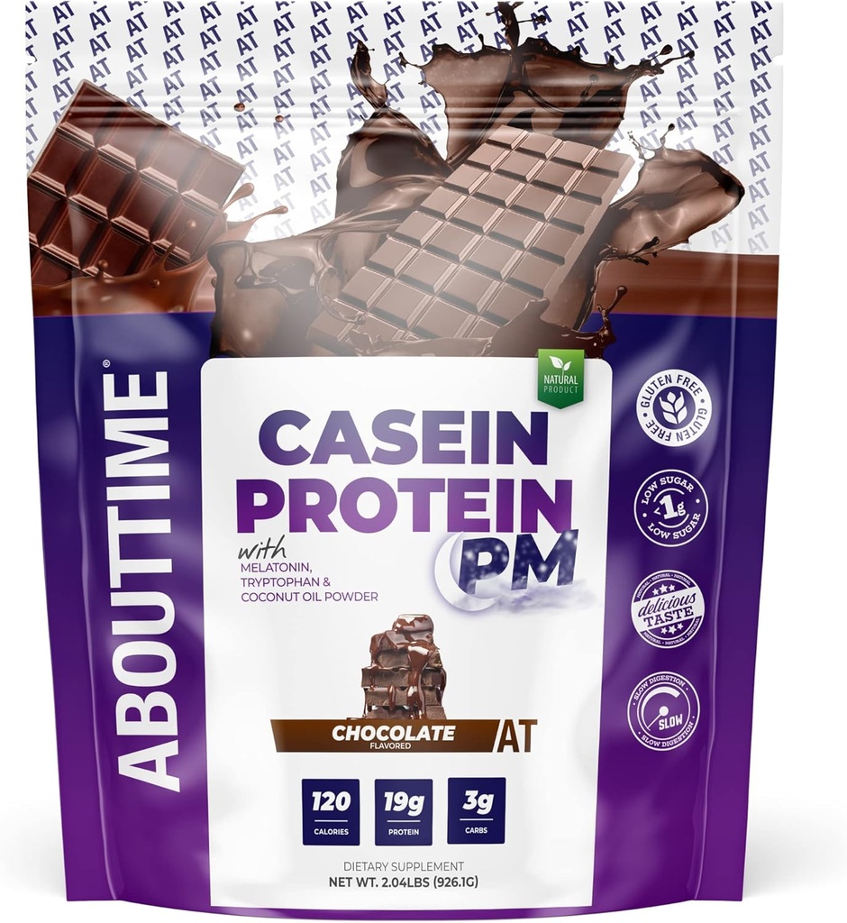 About Time Casein Protein Chocolate, 19g Protein, Nighttime Recovery Formula, No Artificial Sweeteners, No Growth Hormones
