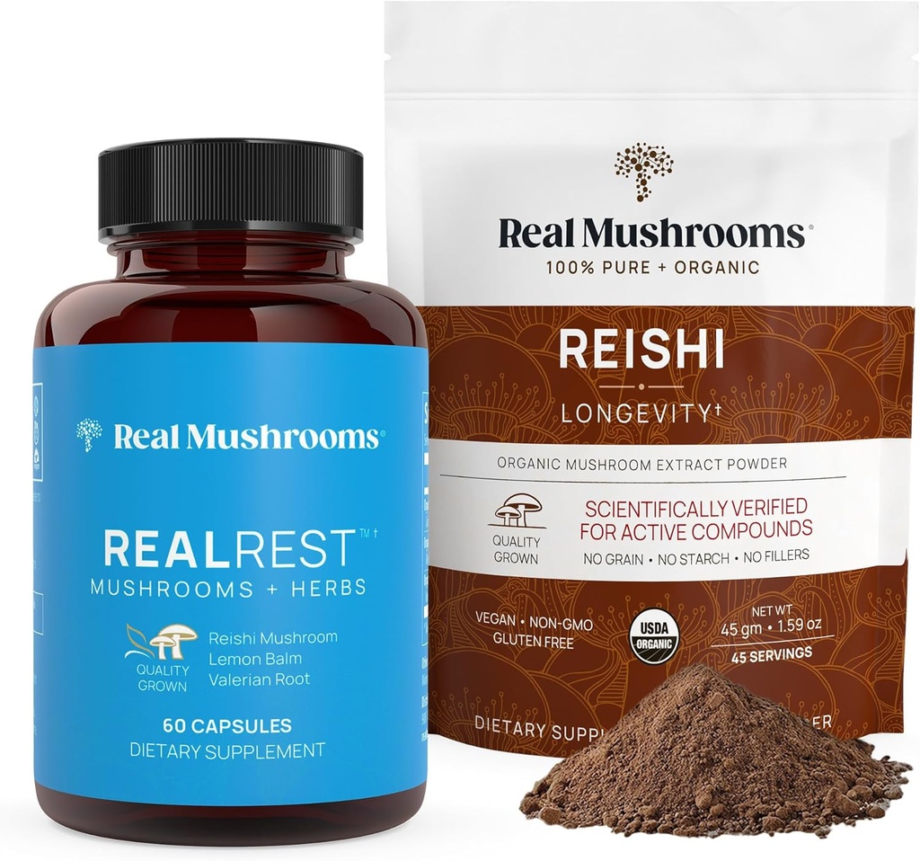 本物のキノコ RealRest(60ct)カプセルとReishiキノコパウダー(45サービング)バンドル - 長寿のためのキノコサプリメント、毎日の免疫サポート、改善された睡眠とリラックス - ビーガン、非GMO