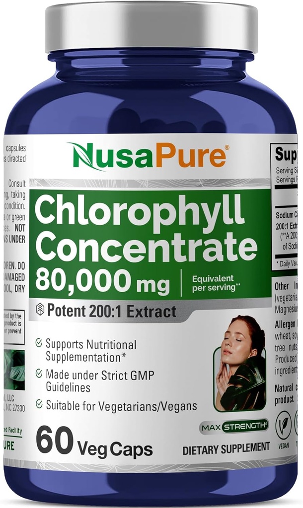 NusaPure Chlorophyll 200:1 エキス、400 mg 80,000mg 60 Veggie キャップに等価 (食用80000mg、非GMO、ビーガン) ナトリウム銅Chlorophyllin