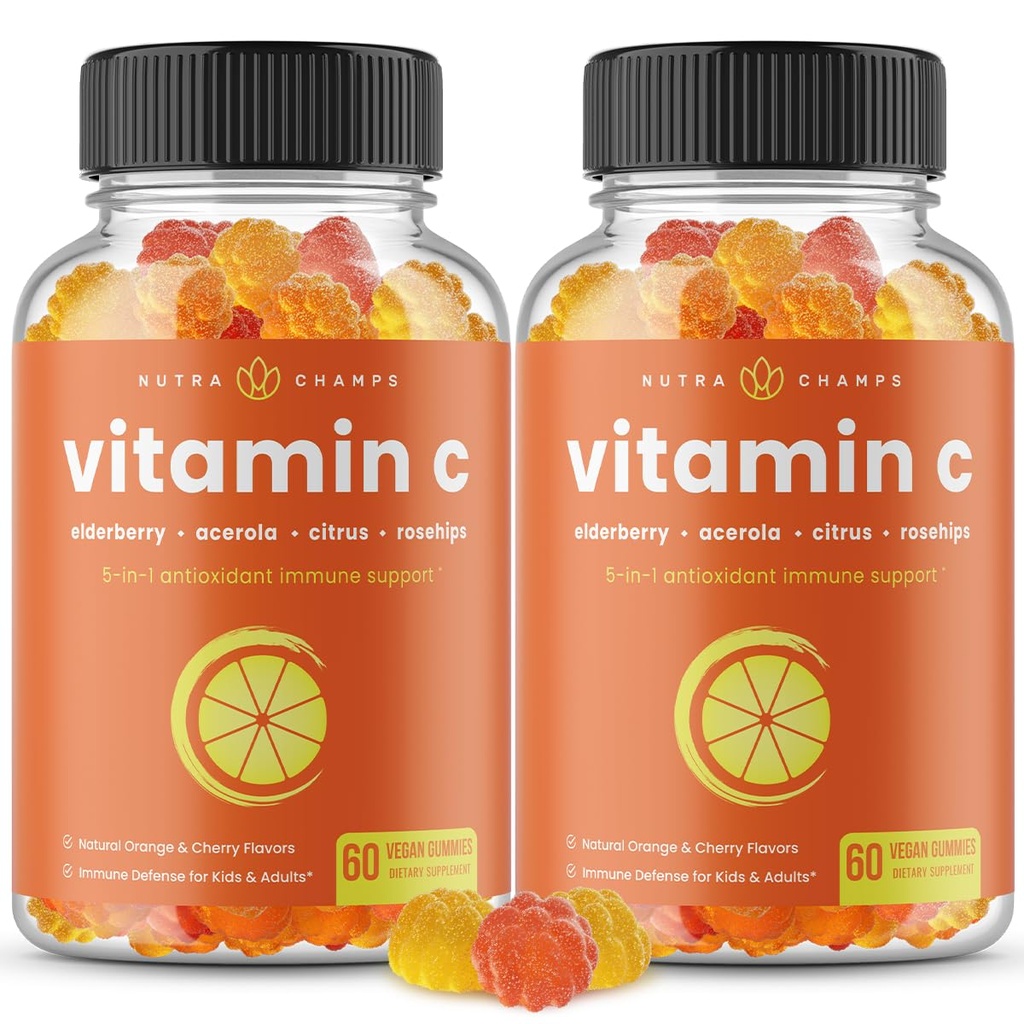 NutraChamps ビタミン C 大人と子供、Elderberry、Rosehips、Citrus Bioflavonoid&Acerola Cherry、免疫ブースターサプリメント(パッケージ 2)