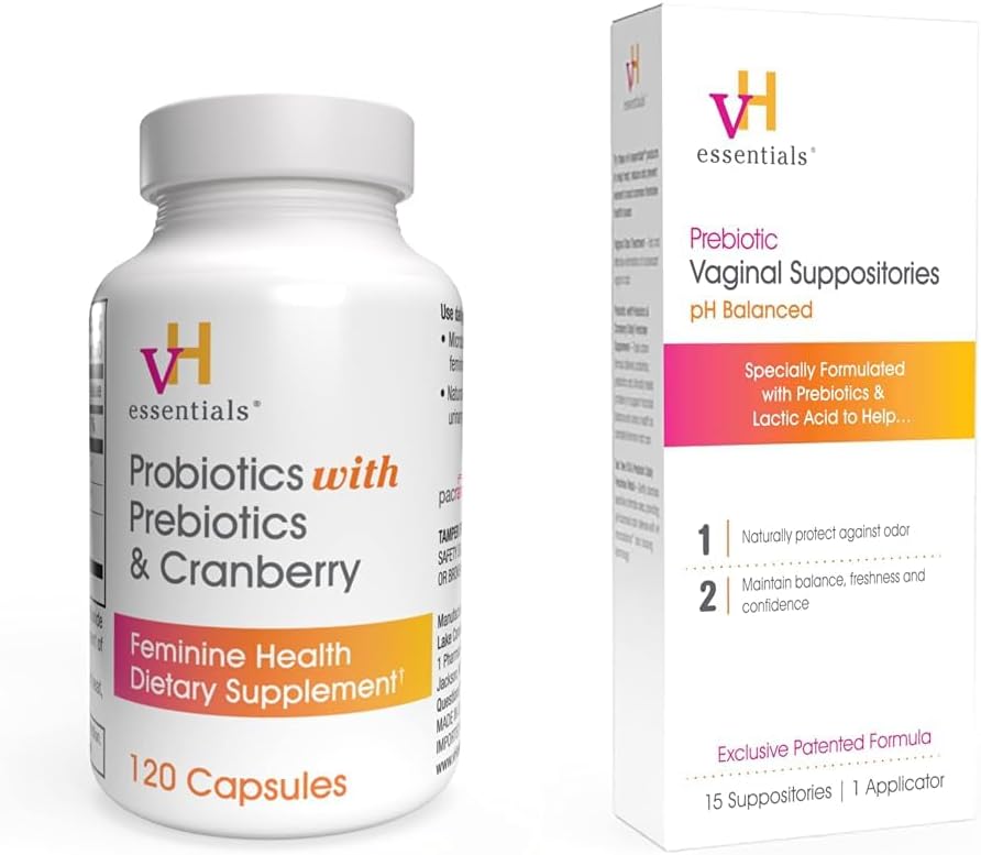 vH essentials Probiotics with Prebiotics and Cranberry Feminine Health Supplement - 120 Capsules (544-36) & Prebiotic PH Balanced Vaginal SuppositoriesBox, Original Version, 15 Count