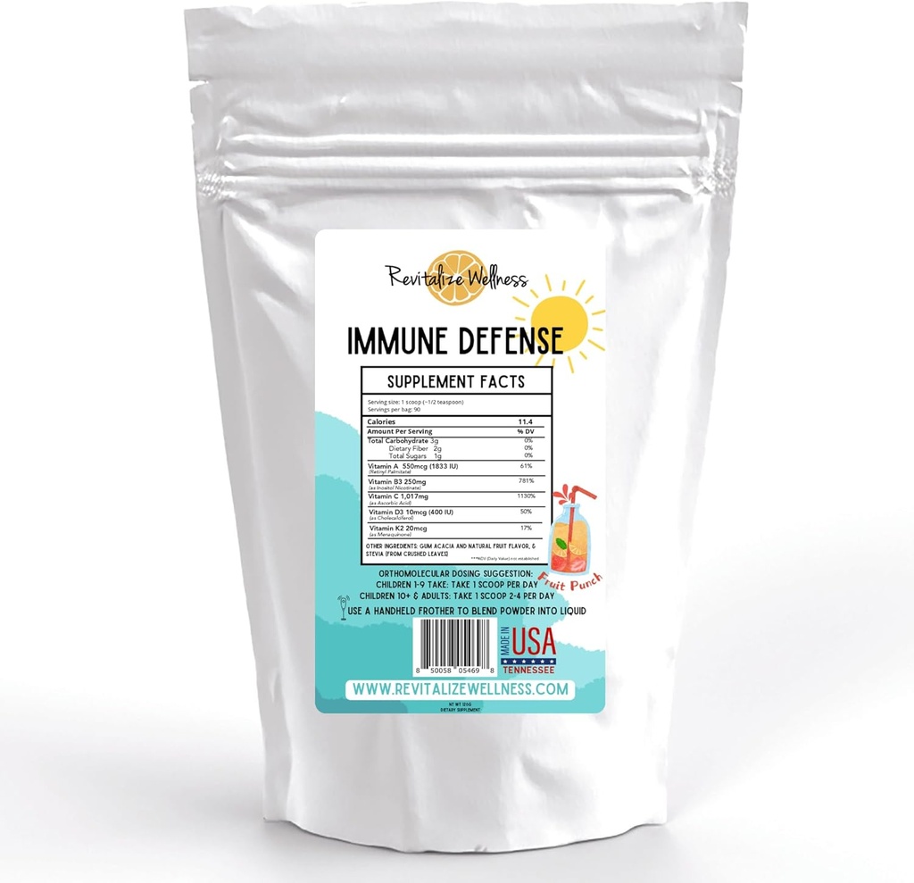 免疫防護パウダー | ビタミンA、ビタミンB3、ビタミンC1000Mg、ビタミンD3、ビタミンK2の正体ドース | ピュア、トウモロコシフリー、GMOフリー | フルーツパンチ味 | 90 味