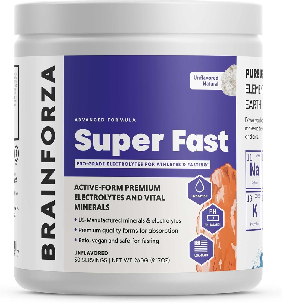Brain Forza Super Fast Keto Electrolytes for Fasting - Premium Electrolytes, No Sugar or Flavoring w/Potassium, Sodium, Magnesium, Calcium, Zinc, Pink Himalayan Salt, (30srv, Unflavored)