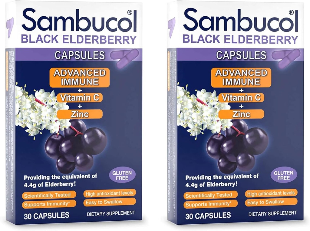 サムブコールブラックエルダーベリーカプセル - 高度な免疫、ビタミンCと亜鉛、エルダーベリーカプセル、免疫サポート、ブラックエルダーベリーサプリメント、グルテンフリー、簡単にスワローカプセル - 30カウント、2パック