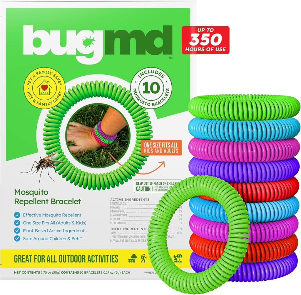 BugMD 10のパックの蚊のブレスレット、大人のためのDEET-Freeバンド及び子供、キャンプ、ハイキング、浜、旅行及び屋外の要素のための自然な及び防水シクロネラのリストバンド