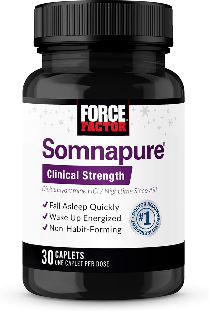 FORCE FACTOR Somnapure Clinical Strength Sleep Aid for Adults, Diphenhydramine HCl, Non-Habit-Forming, Nighttime Sleep Support, 30 Caplets