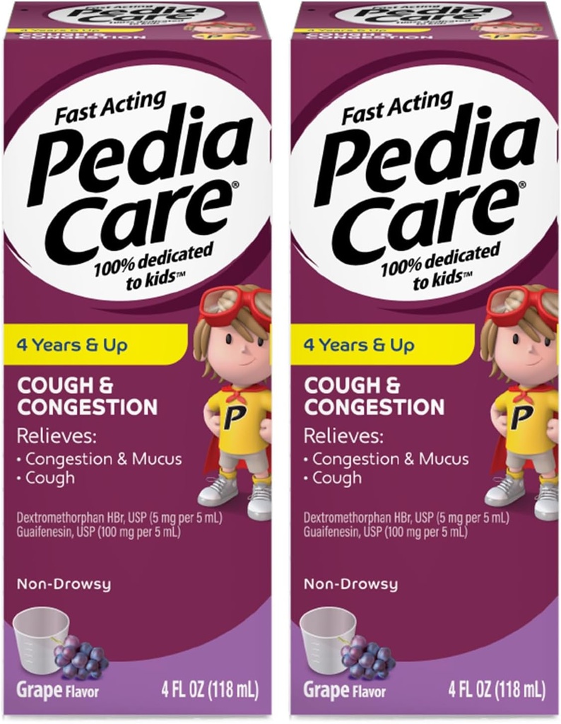 Children's Cough & Congestion Liquid Medicine for Cough, Chest Congestion and Mucus Cold Symptoms, Non-Drowsy, Ages 4+, Grape Flavor, 4 fl oz (2 Pack)