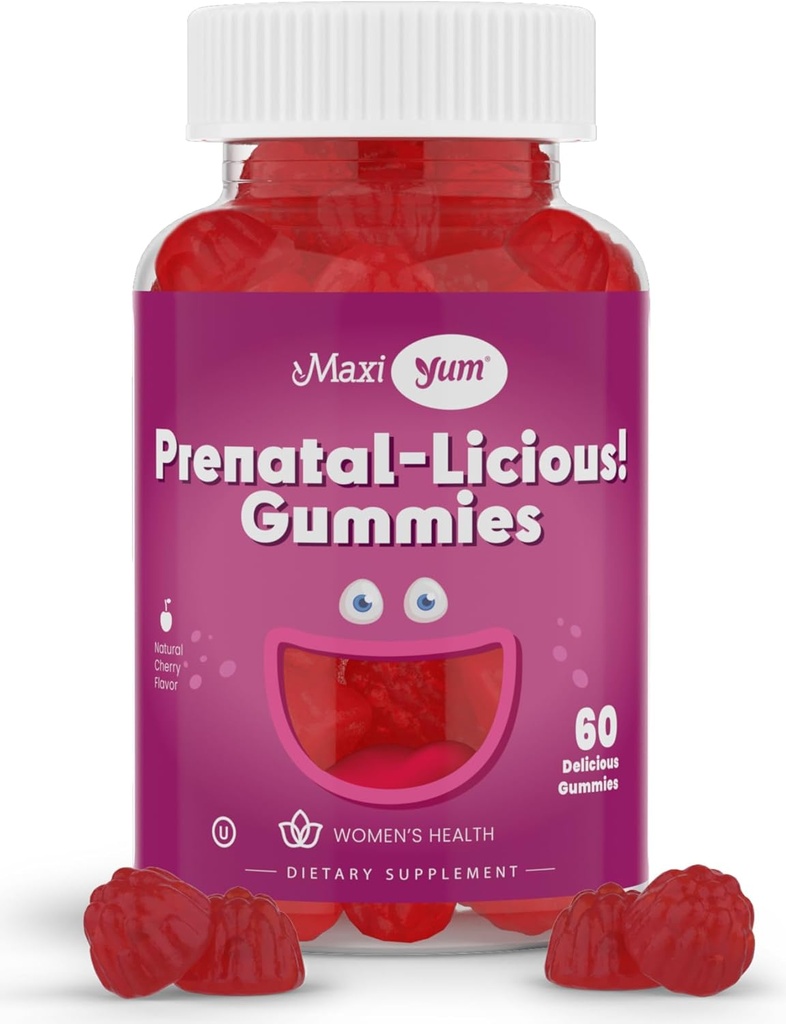 Maxi Health Women's Organic Prenatal Gummies - Kosher Cherry Flavored Pre Natal Gummy - 葉酸と胎児発達のための鉄の女性のためのプレナタルビタミン、60カウント