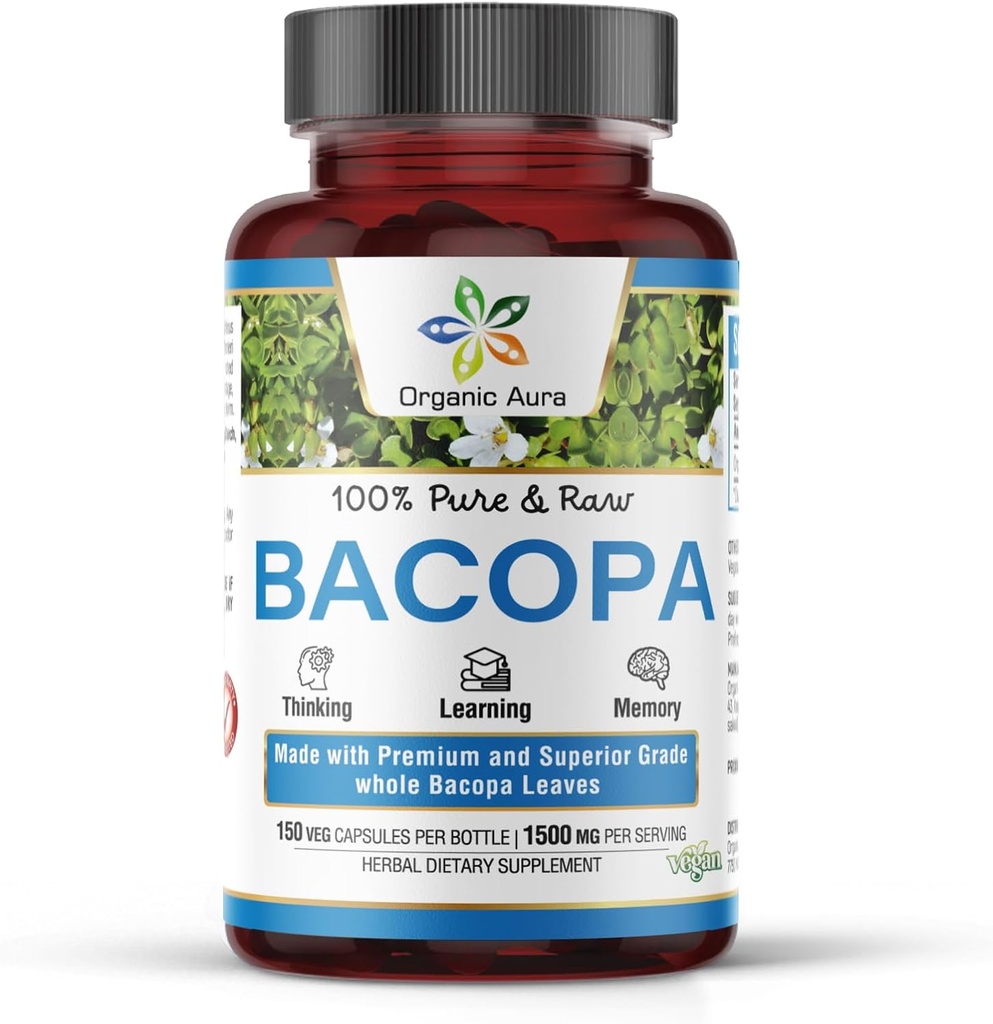 有機Aura BACOPAのカプセル。150のベジHPMCのカプセルのサービングごとの1500mg。 草の補足、精神的警戒、サポート カルム、記憶、認知。