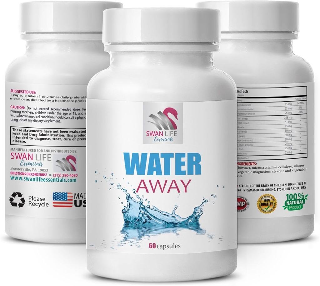 support supplement - WATER AWAY - Water solution, Natural diuretic blend, Herbal water balance, Diuretic support supplement, Natural support, Water balance, Natural diuretic capsules 1 Bottle 60 Caps