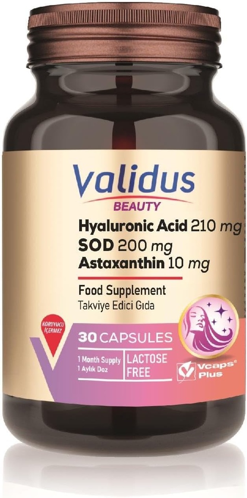 VALIDUSヒアルロン酸酸210mg + アスタキサンチン10mg 30カプセル(Vcaps Plus)