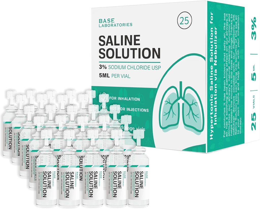 BASE LABORATORIES 3% ネブライザーマシン用サラインソリューション | 吸入・鼻灌漑用サラインソリューション | 高3% 濃度 l 25 ビア 5 ml ユニット線量