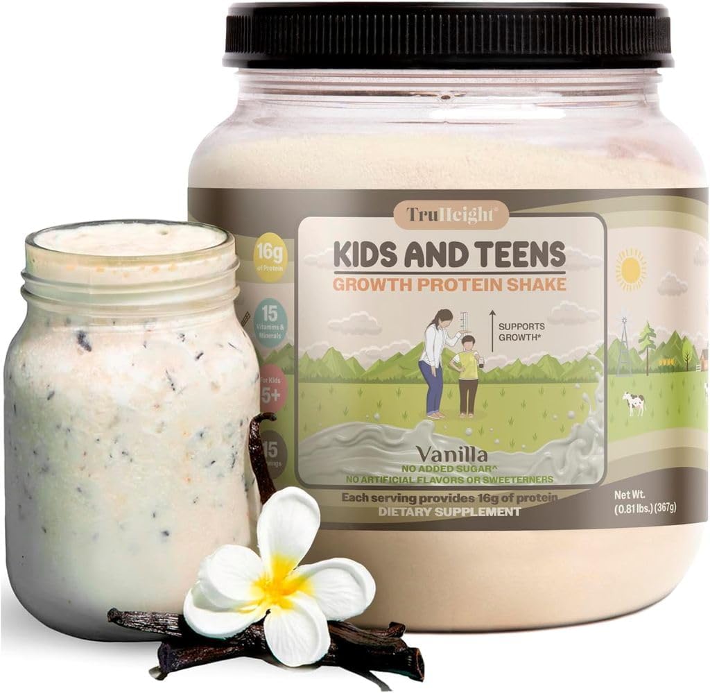 TruHeight Growth Protein Shake (Vanilla Ice Cream Flavor, Whey) Growth & Development Protein Powder for Kids & Teens - Weight Gain Drinks - Endorsed by Pediatricians, Picky Eater Vitamin, Ages 4+