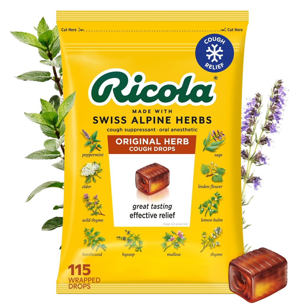 Ricolaの元のハーブの咳の低下、115の計算、咳の抑制剤及び自然な源にされたメントール、咳及び喉の苛立ちの救助のための草の好みを緩和する脅威