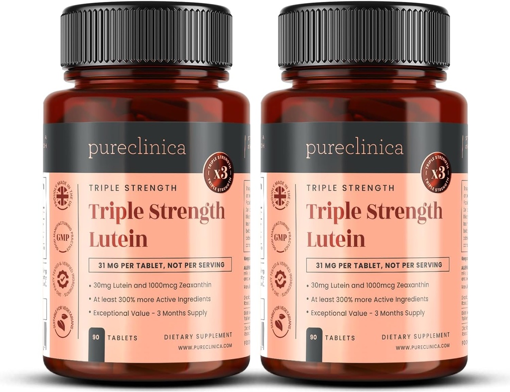 Pureclinica Lutein 30mg x 180錠(それぞれ90錠の2本)。 1000mcg Zeaxanthin。 3 xレギュラールテイン錠の強度