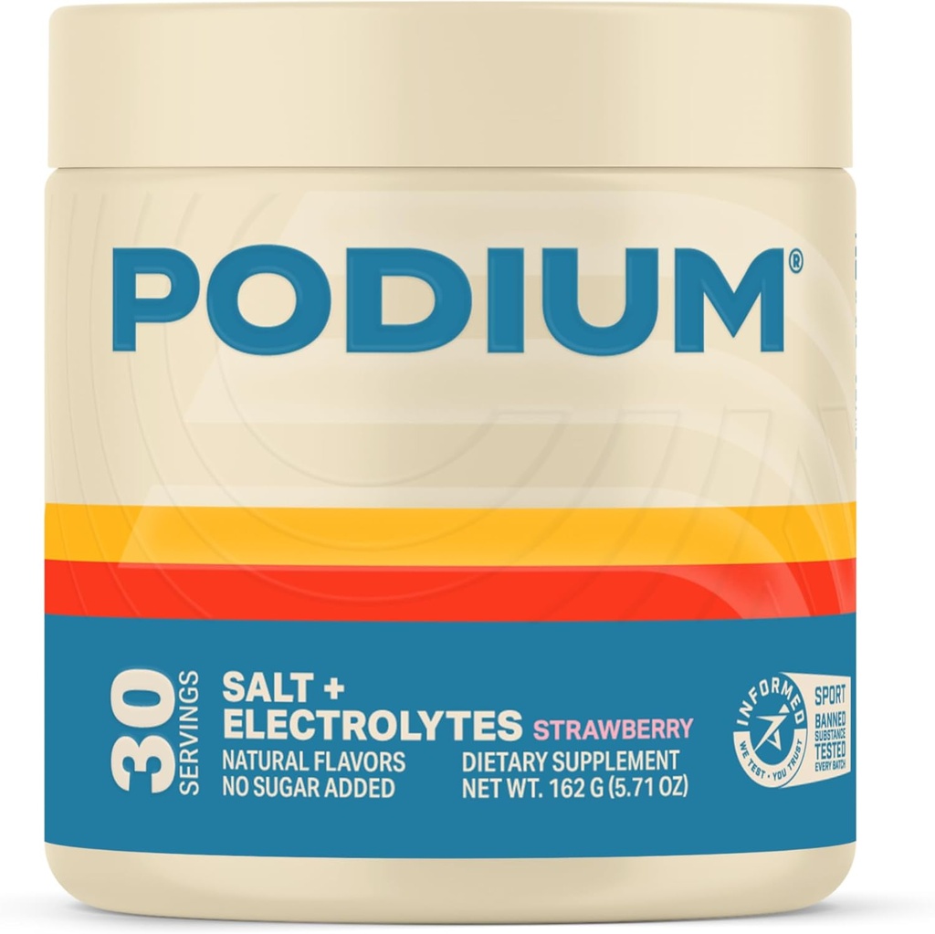 Podium Nutrition Training Salt + Electrolytes Powder, Strawberry, Post Workout Hydration & Muscle Recovery Support, Electrolyte Drink, Magnesium, Potassium, Calcium & Sodium Salts, 30 Servings