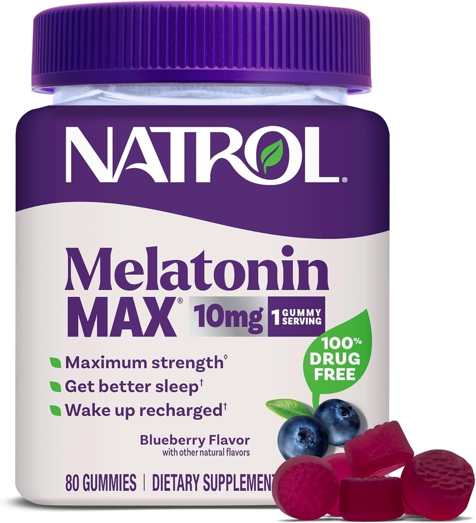 NatrolのMelatonin 10mgの睡眠の援助の補足、80の計算MelatoninMaxのガミー、Blueberryの味、10のmgのMelatoninのガミー、時事な眠り、80日の供給のための