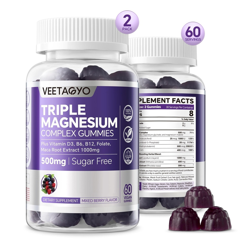 マグネシウムグミー 500mg 400mg | 高吸収性、骨、ナエルブス、筋肉 | 3 種類のマグネシウムコンプレックスサプリメント グリシン酸塩、塩酸塩 | 大人 - 完全菜食主義者、砂糖無料、120Cts