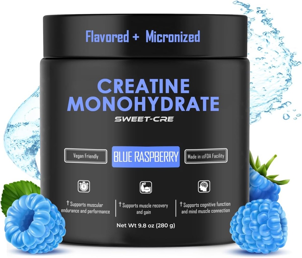 Creatine Monohydrate – 5g Creatine Monohydrate Powder – Advanced Creatine for Women and Men – Bulk Supplements Creatine – Delicious Fruit Punch Flavor – 10oz (40 Servings, Blue Raspberry)