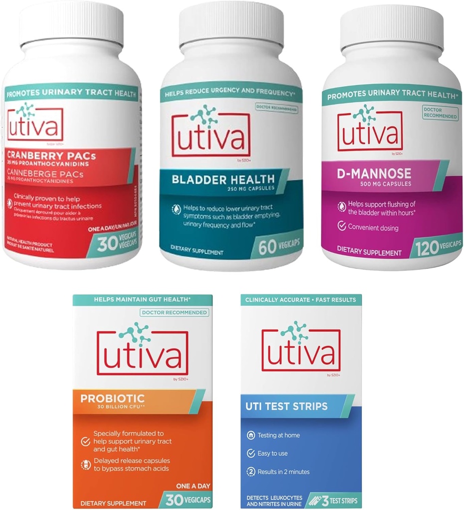 15%の束のUtivaクランベリーPACs 30のベジのカプセル+ Utivaのぼうこう健康60のカプセル+ Utiva D-Mannose 500mg 120のカプセル+ Utivaのプロバイオティック30の遅れた解放のベジのカプセル+ Utiva UTI テストストリップ