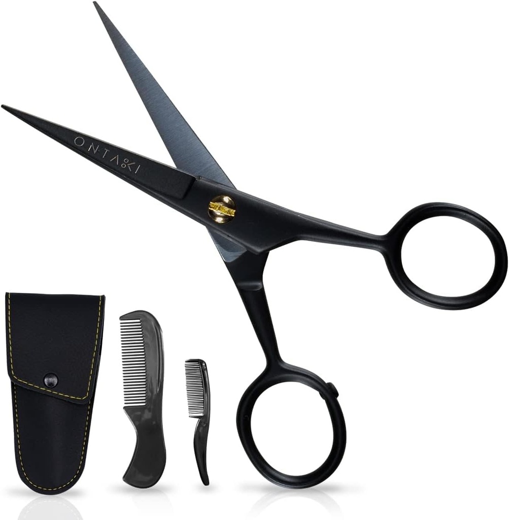 Ontaki Mustache Scissors for Men - 5-Inch, Black - German High-Carbon Steel Bevel-Edge for Precision - Beard Trimming Scissors - Includes Grooming Kit with Mustache & Beard Combs & Carrying Pouch