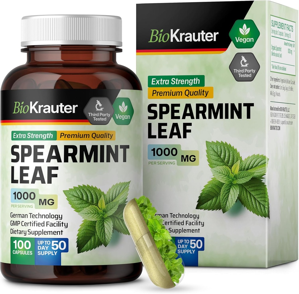 BIO KRAUTER Spearmint カプセル 1000 mg - 100 カウント - 消化及び呼吸器サポートのためのビーガンスペアミント サプリメント - メンタ スピタ - 充填剤なし