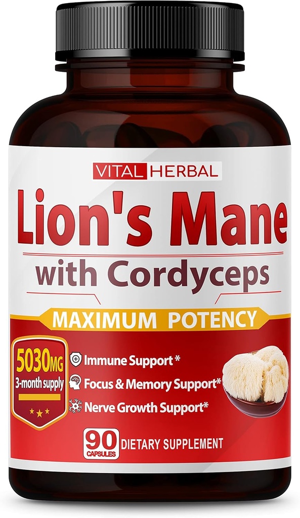 VITALのHERBALのライオンは5030mgに等しいCordycepsのカプセルが付いているマッシュルームのマッシュルームのマッシュルーム-焦点の記憶エネルギー気分サポート90日の供給のための最高の効力L-Theanineのashwagandhaの頭脳の補足