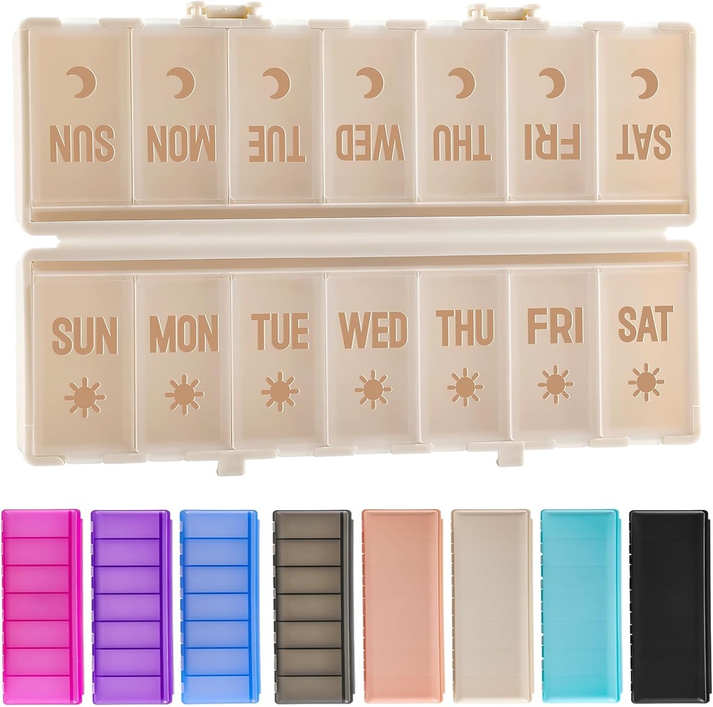 折り畳み式ピルオーガナイザー 2 日 w/エッチングラベル - Dual Protection & Portable Weekly AM PM Pill Box, 7 Day Medicine Container, Large Travel Pill Case for Week Daily Supplement Vitamin - Khaki