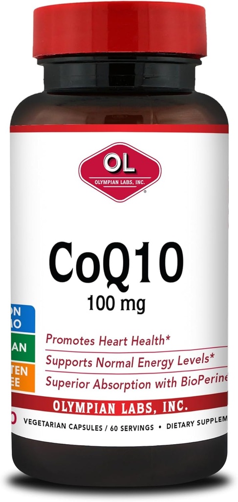 Olympianの実験室CoQ10 100mgはより大きい吸収のためのBioperineと、中心の健康60のカプセルを支えました
