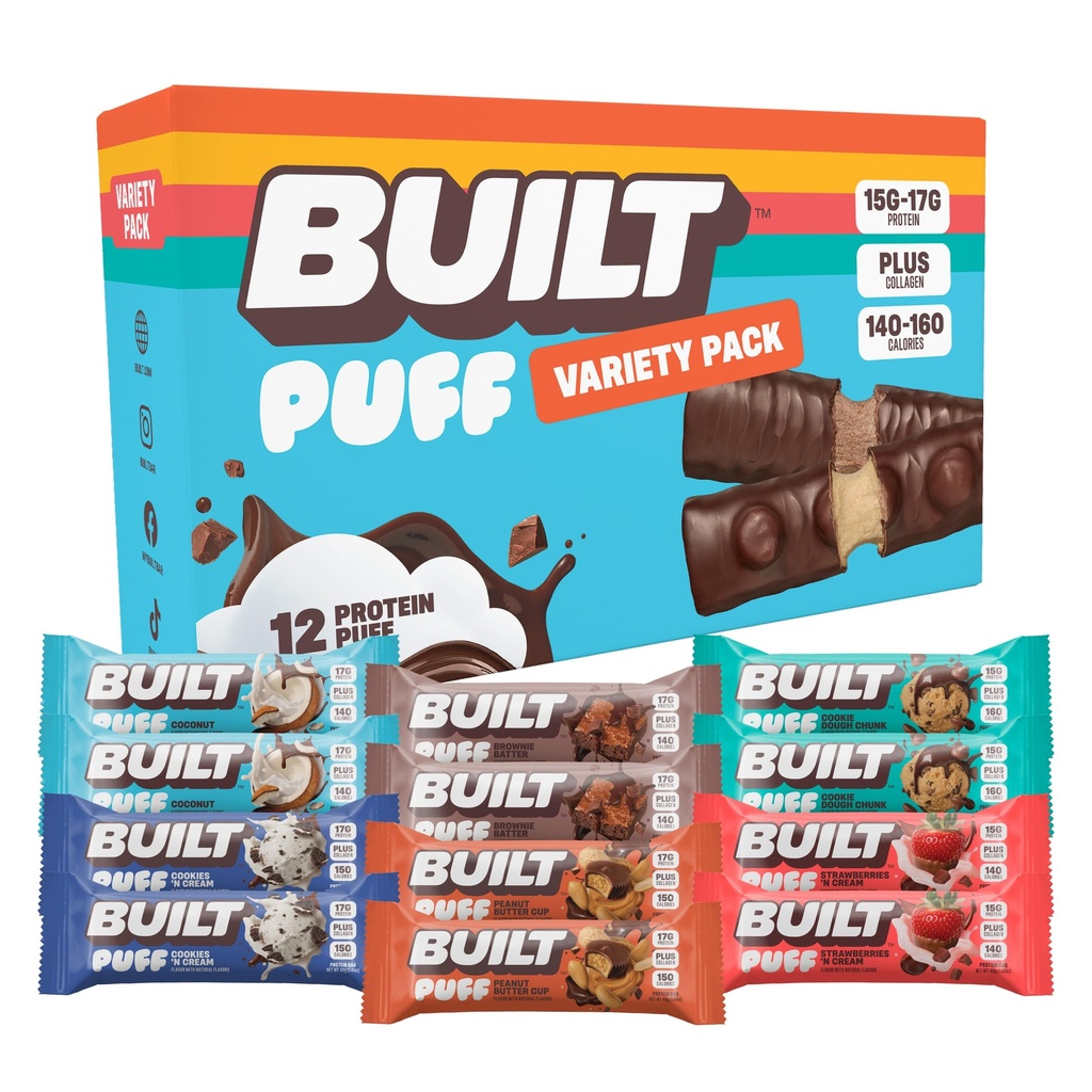 ビルバー、パフプロテインバー、バラエティパック、コラージュ、オンザゴースナック、朝食バー、混合サンプラー、12パック