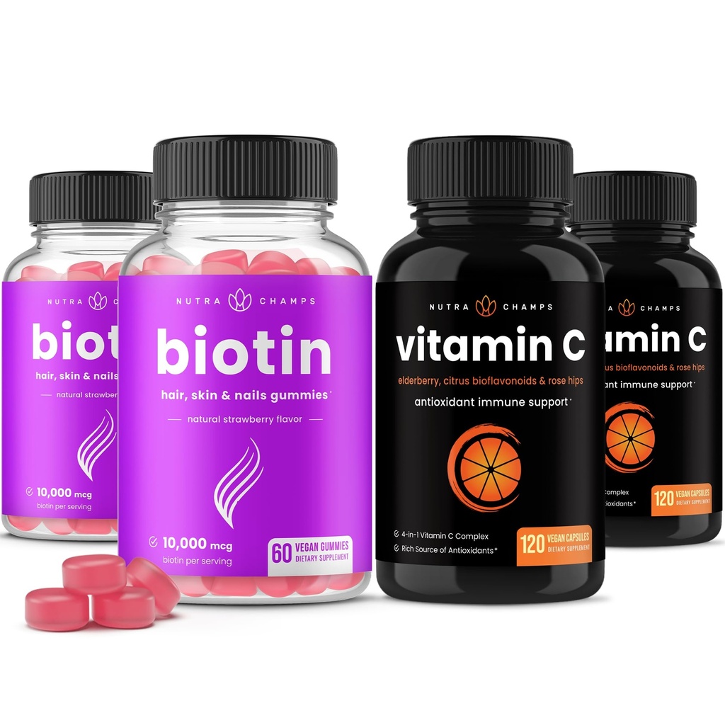NutraChamps ビオチングミー(2パック)とビタミンCカプセル(2パック)4パックバンドル