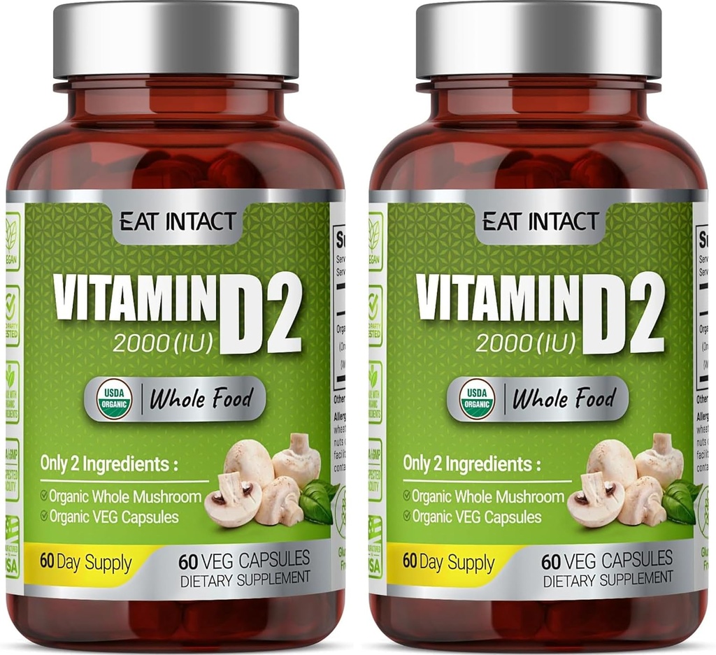 有機ビーガン全食品ビタミンD2(2パック)、2000 IU(50 mcg)、2成分(有機全茸有機ビーガンカプセル)、非GMO、120日の供給