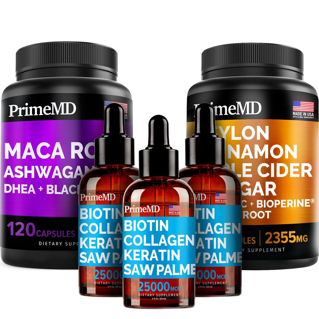 5-in-1 セイロン シナモン (120ct), 4-in-1 ビオチン コラーゲン ケラチン ソー パルメット (2 fl oz - 3 パック) & 6-in-1 マカ ルート アシュワガンダ (120ct) バンドル - エネルギー, 気分, 髪, 皮膚 & 免疫サポート サプリメント