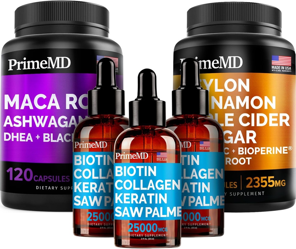 5-in-1 セイロン シナモン (120ct), 4-in-1 ビオチン コラーゲン ケラチン ソー パルメット (2 fl oz - 3 パック) & 6-in-1 マカ ルート アシュワガンダ (120ct) バンドル - エネルギー, 気分, 髪, 皮膚 & 免疫サポート サプリメント