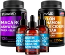 5-in-1 セイロン シナモン (120ct), 4-in-1 ビオチン コラーゲン ケラチン ソー パルメット (2 fl oz - 3 パック) & 6-in-1 マカ ルート アシュワガンダ (120ct) バンドル - エネルギー, 気分, 髪, 皮膚 & 免疫サポート サプリメント