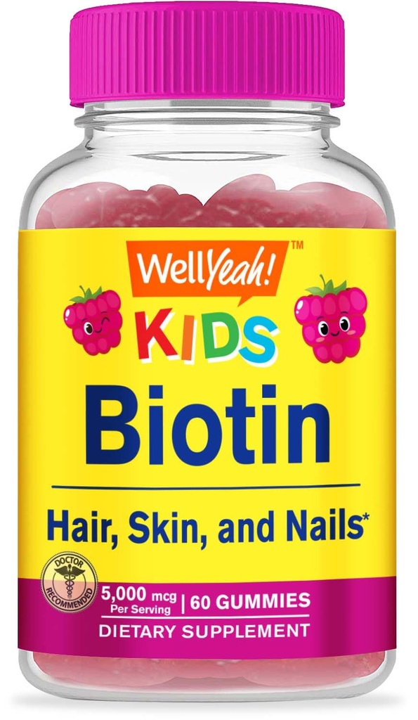 子供のためのWellYeahバイオチンガミー 5000 mcg - 髪の成長、皮膚の健康、爪をサポート - 天然由来の味 - GMOフリー、グルテンフリー - 男の子と少女のためのグミ - 60 カウント