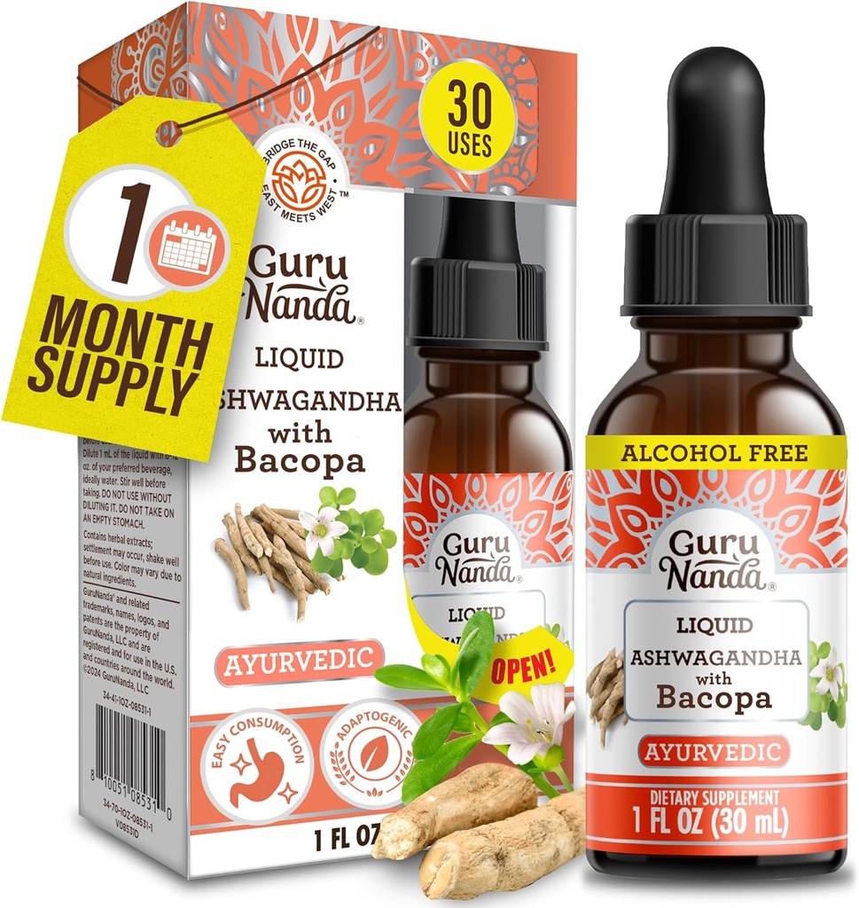グルーナンダBacopa(1 Fl Oz)と液体アシュワガンダ - 天然栄養補助食品 - 液体エキスドロップ - 男性と女性のための - ビーガン&アルコールフリー - 免疫のエイド、フォーカス&リラクゼーションサポート