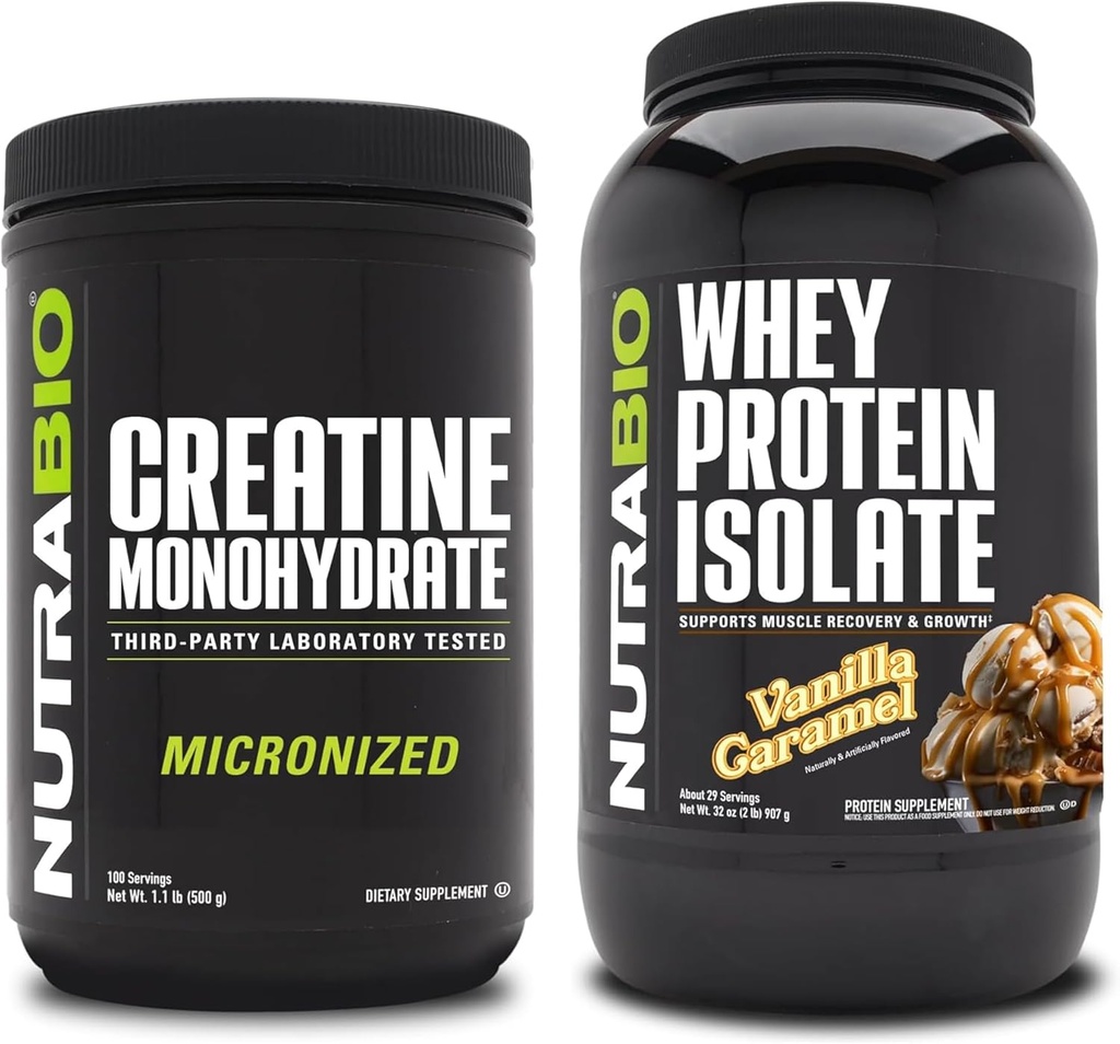 NutraBioのクレアチンの一水化物、不燃性、500gおよびWheyの蛋白質の隔離剤、バニラキャラメル、補足の束-筋肉エネルギー、細い筋肉成長、回復および強さ