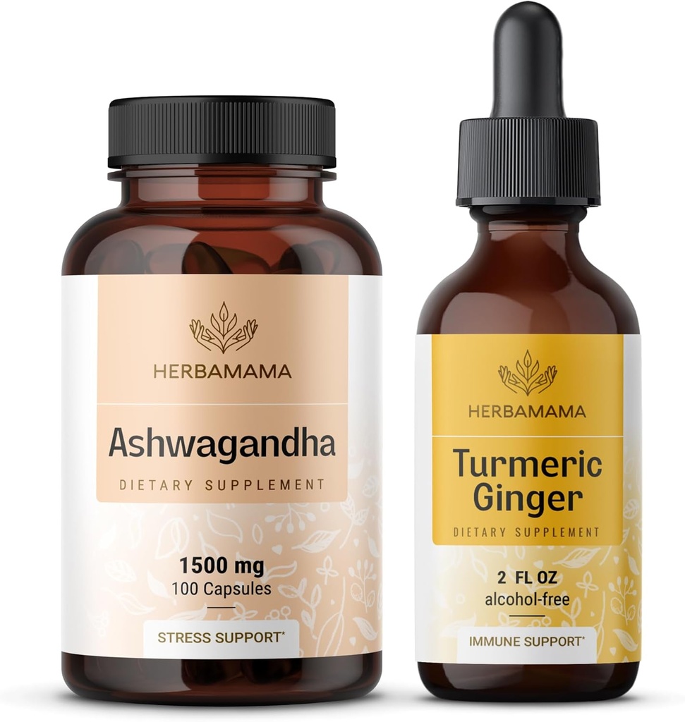 HERBAMAMA Ashwagandhaとターメリックジンジャーキット - 1500 mg Ashwagandha Rootカプセル&ターメリックジンジャーTincture 2 fl oz - ビーガン、非GMO、砂糖&アルコールフリー - 2 パック