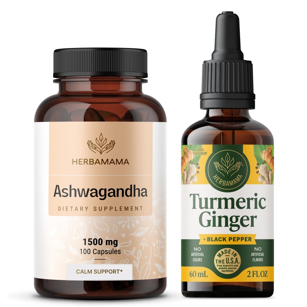 HERBAMAMA Ashwagandhaとターメリックジンジャーキット - 1500 mg Ashwagandha Rootカプセル&ターメリックジンジャーTincture 2 fl oz - ビーガン、非GMO、砂糖&アルコールフリー - 2 パック
